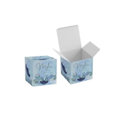 Faveur boite carré en papier à garnir personnalisé au thème anniversaire enfant océan aquarelle mixte