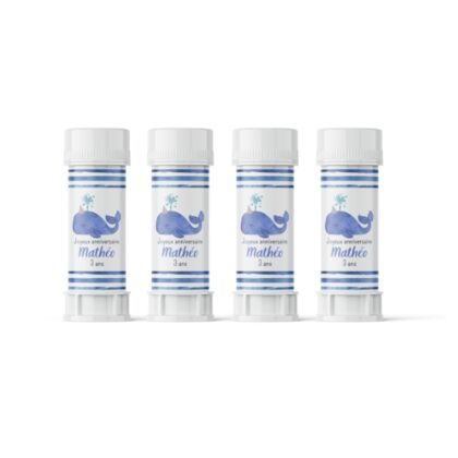 Bulles de savon contenant blanc personnalisable thème anniversaire enfant baleine bleu aquarelle