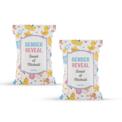 paquets de chips personnalisable pour gender reveal nurserie