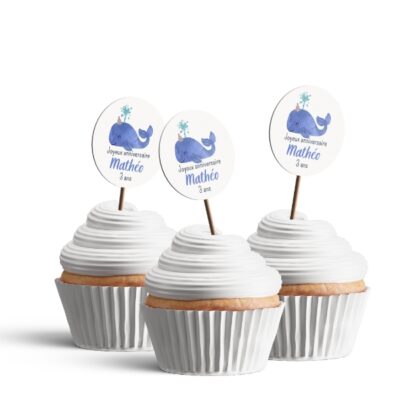 toppers cupcake étiquette rondes anniversaires baleine bleu aquarelle