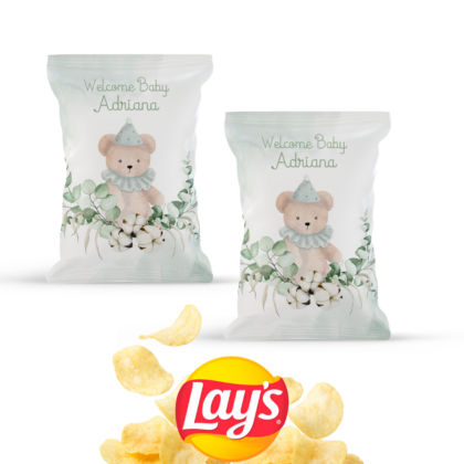 Chips personnalisable pour décoration baby shower Ours coton vert sauge et beige
