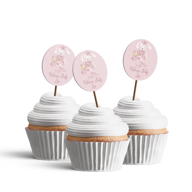 Toppers cupcake en papier personnalisable thème baby shower Lapin rose
