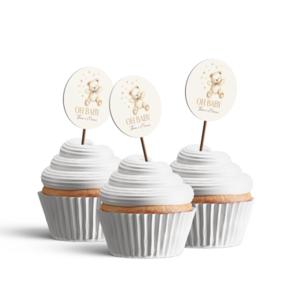 Toppers cupcake en papier personnalisable thème baby shower nounours oh baby