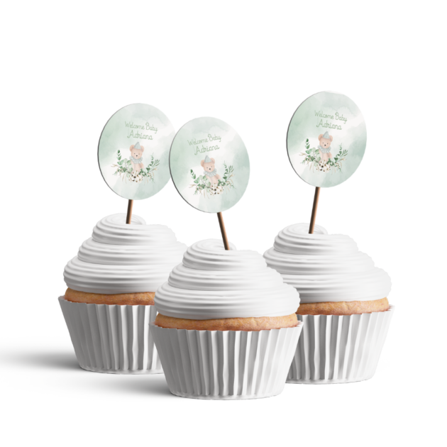 Toppers cupcake en papier personnalisable thème baby shower Ours Coton vert sauge et beige