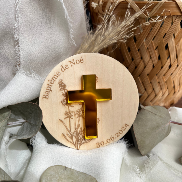 Faire-part croix or miroir thème lavande - baptême et communion